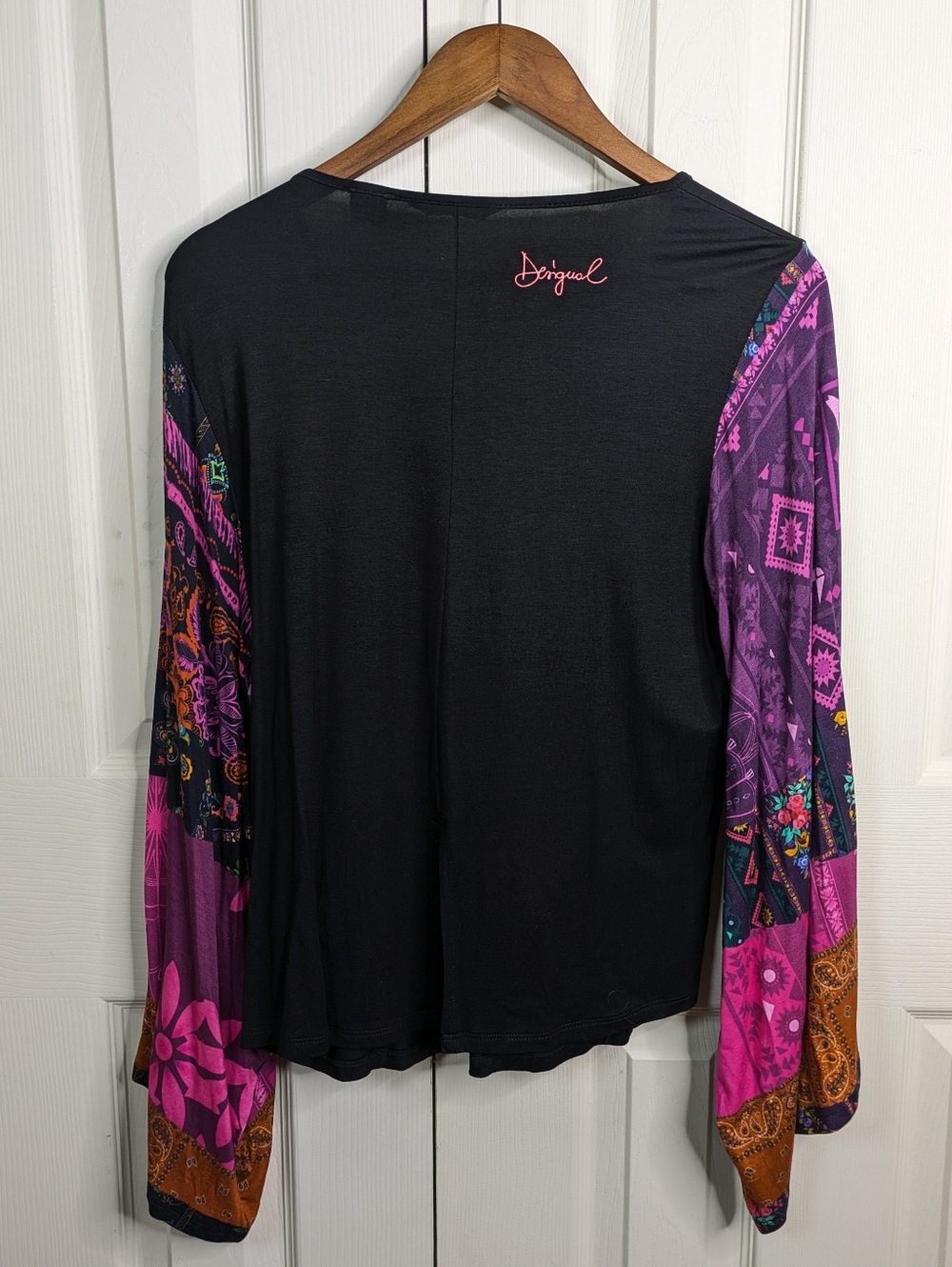 Desigual Moments Top Large Black Patch Print Floral Flared Sleeve Festival Boho - Picture 9 of 10
